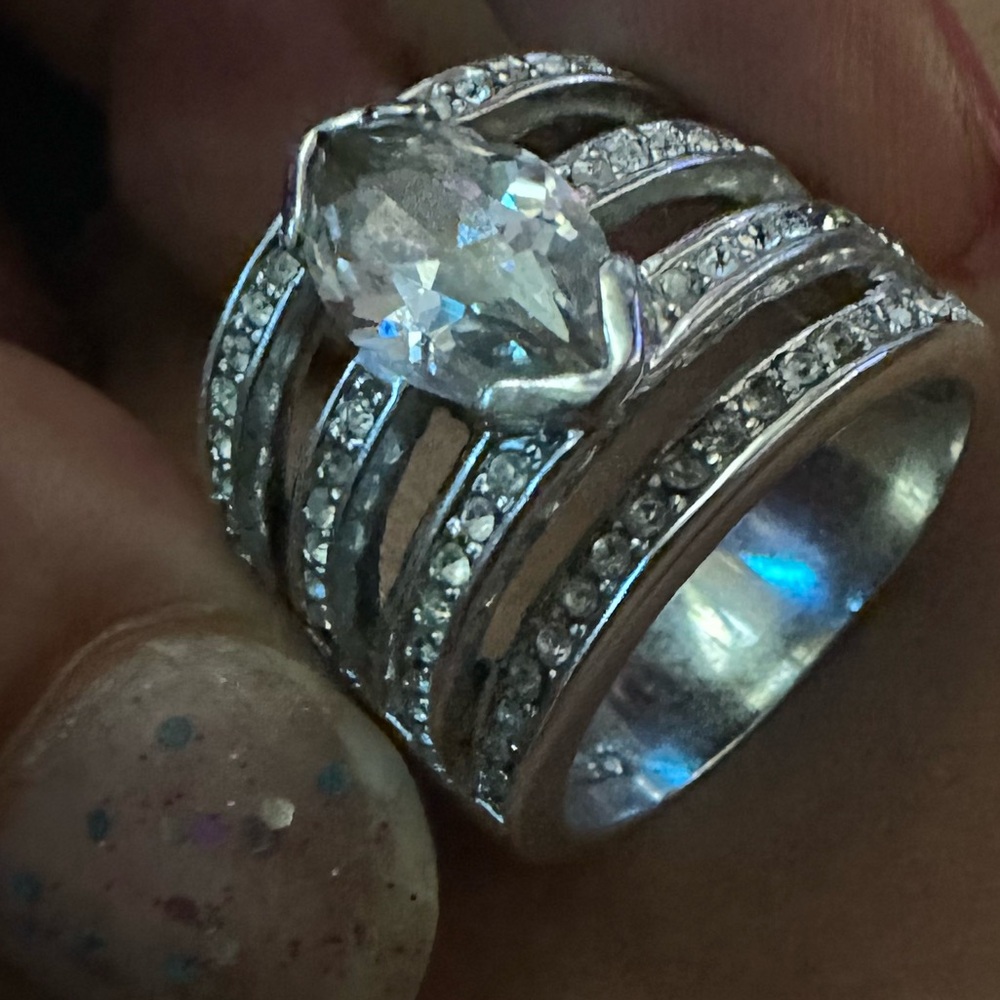 Rhodium Multi Row Contemporary Flawless 4 ct. Marquise CZ Engagement Ring Sz 10